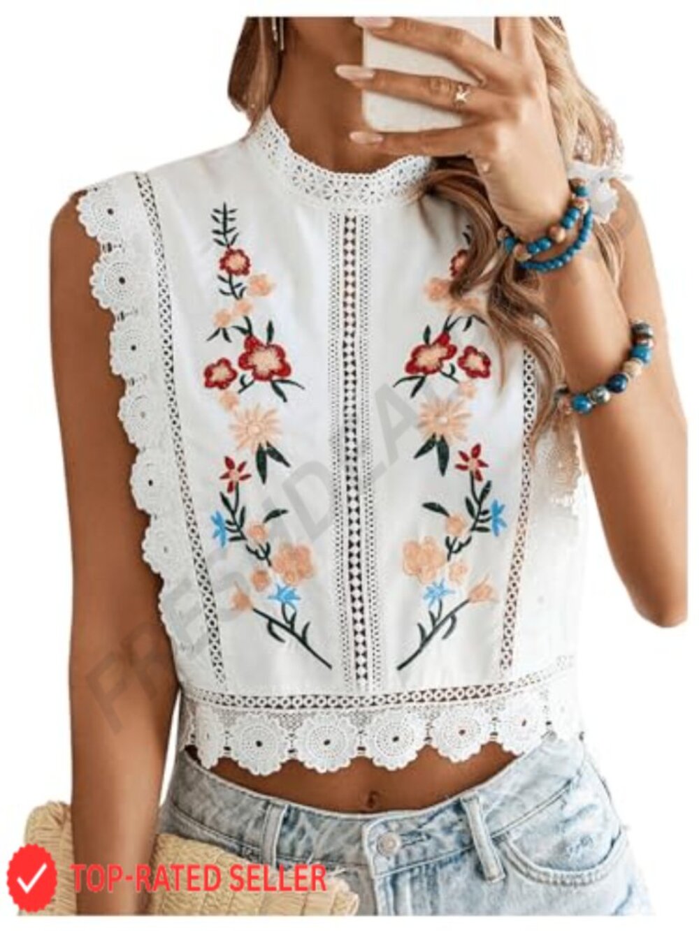 Floerns Women's Floral Embroidery Lace Trim Blouse Mock Neck Sleeveless Holiday